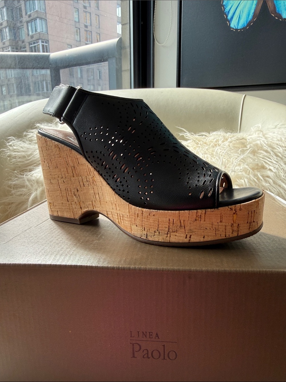 New, Linea Paolo Viviana-L Black Nappa Cork Wedges 6.5